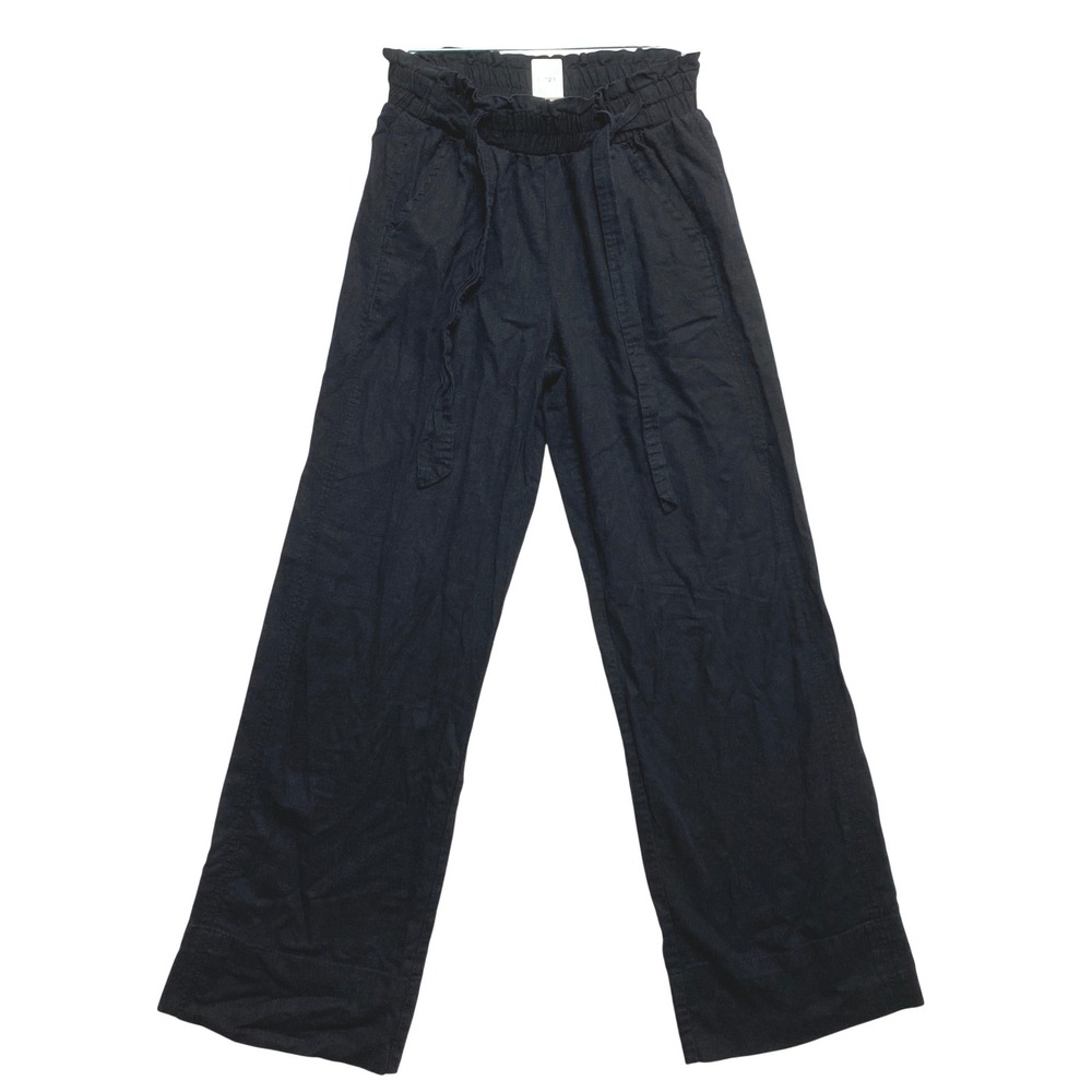 SO Pants Women Small Black High Rise Linen Blend Paperbag Waist Tie Wide Leg
